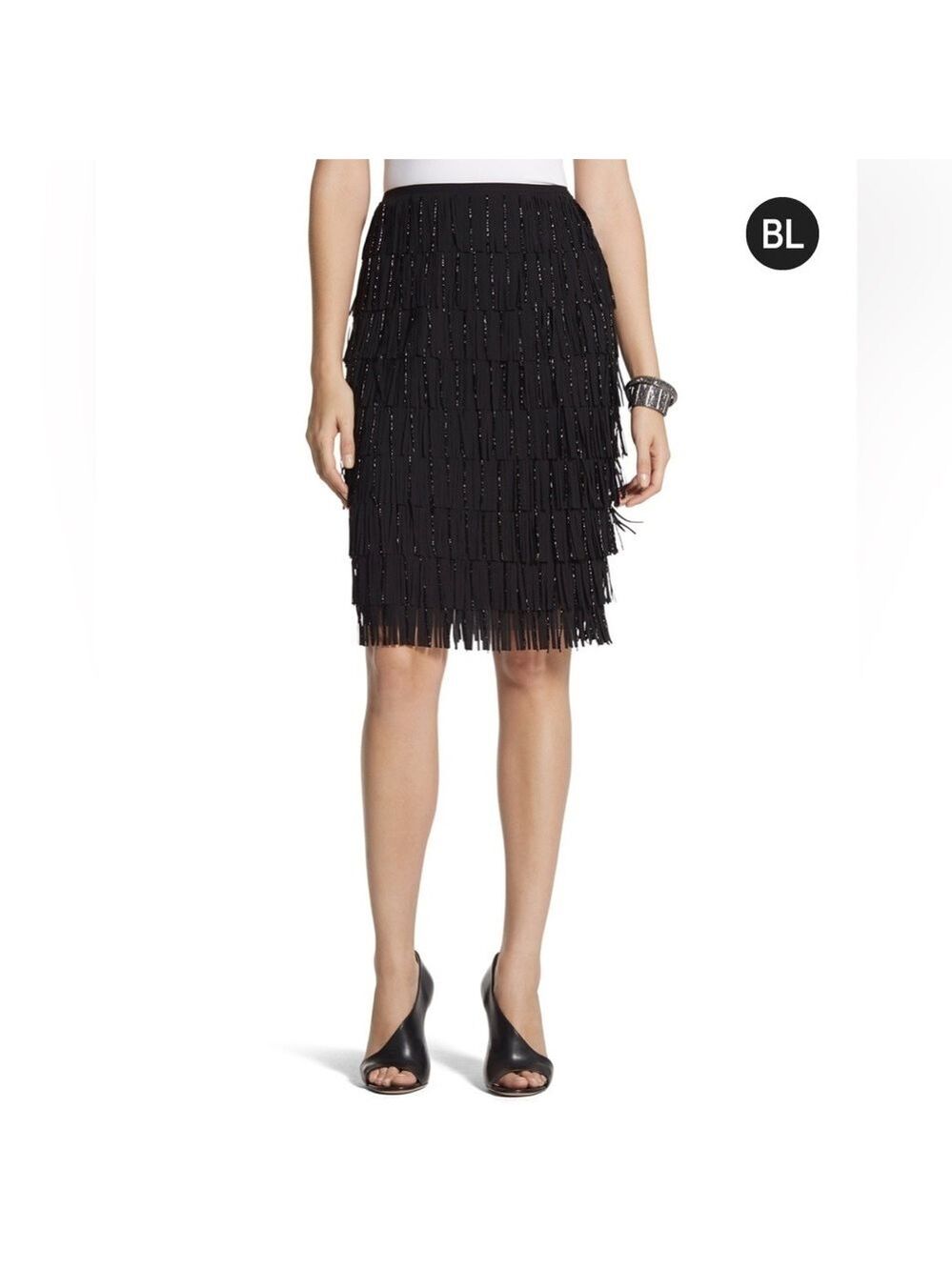 NWT Chicos BLACK LABEL Women’s Black Beaded Fringe Skirt 3 16/18 XL